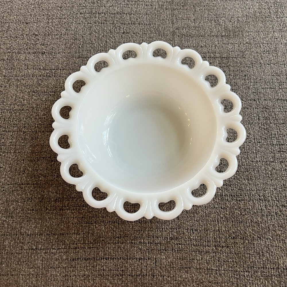 Vintage White Glass Heart Lace Edge Candy Dish Compote Bowl 9"